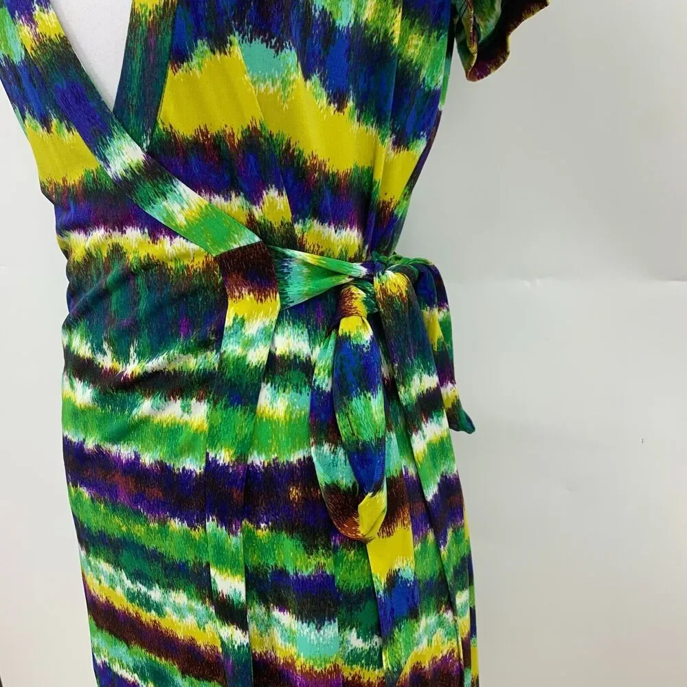 Calvin Klein Tie Dye Wrap Womens 4 Cap Sleeve Plunge V Neck Collar Waist Tie